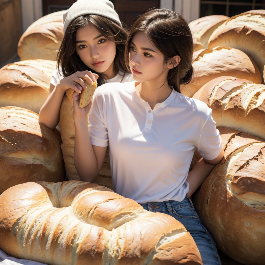 A girl holds a loaf of bread