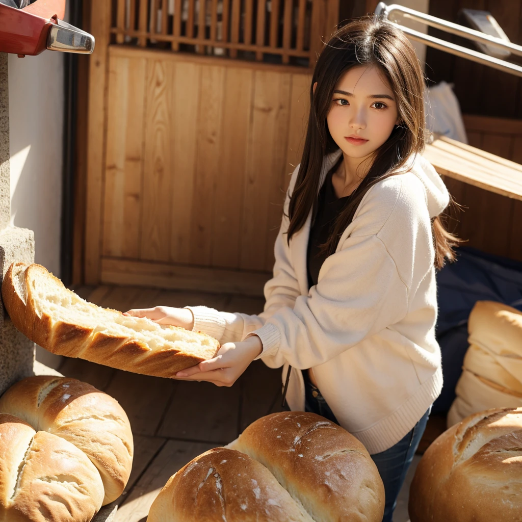 A girl holds a loaf of bread