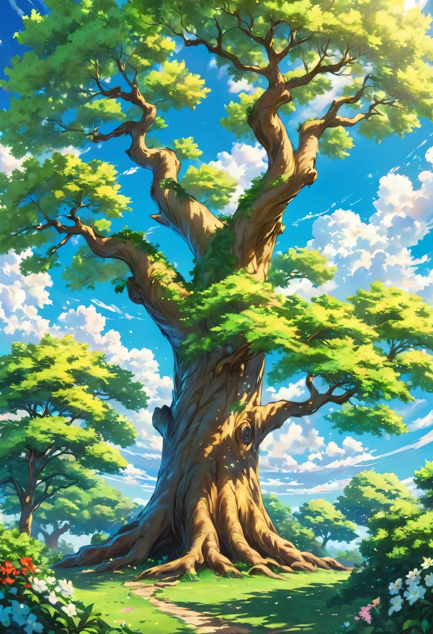 Create an image of a beautiful tree; in anime style, in the background of a blue sky with white clouds, the tree should be thick and have many branches, with green leaves and flowers, the tree should be in a natural position, not tilted, the sky should be in the background, and the tree should be in the center of the image, the image should be in 8k resolution, sharp, with vibrant colors, the background should be a little blurred, natural, with a warm golden glow behind the tree, the tree should be in a natural position, not tilted, towards the end of the picture, the sky should be in the background, and the tree should be in the center of the image,