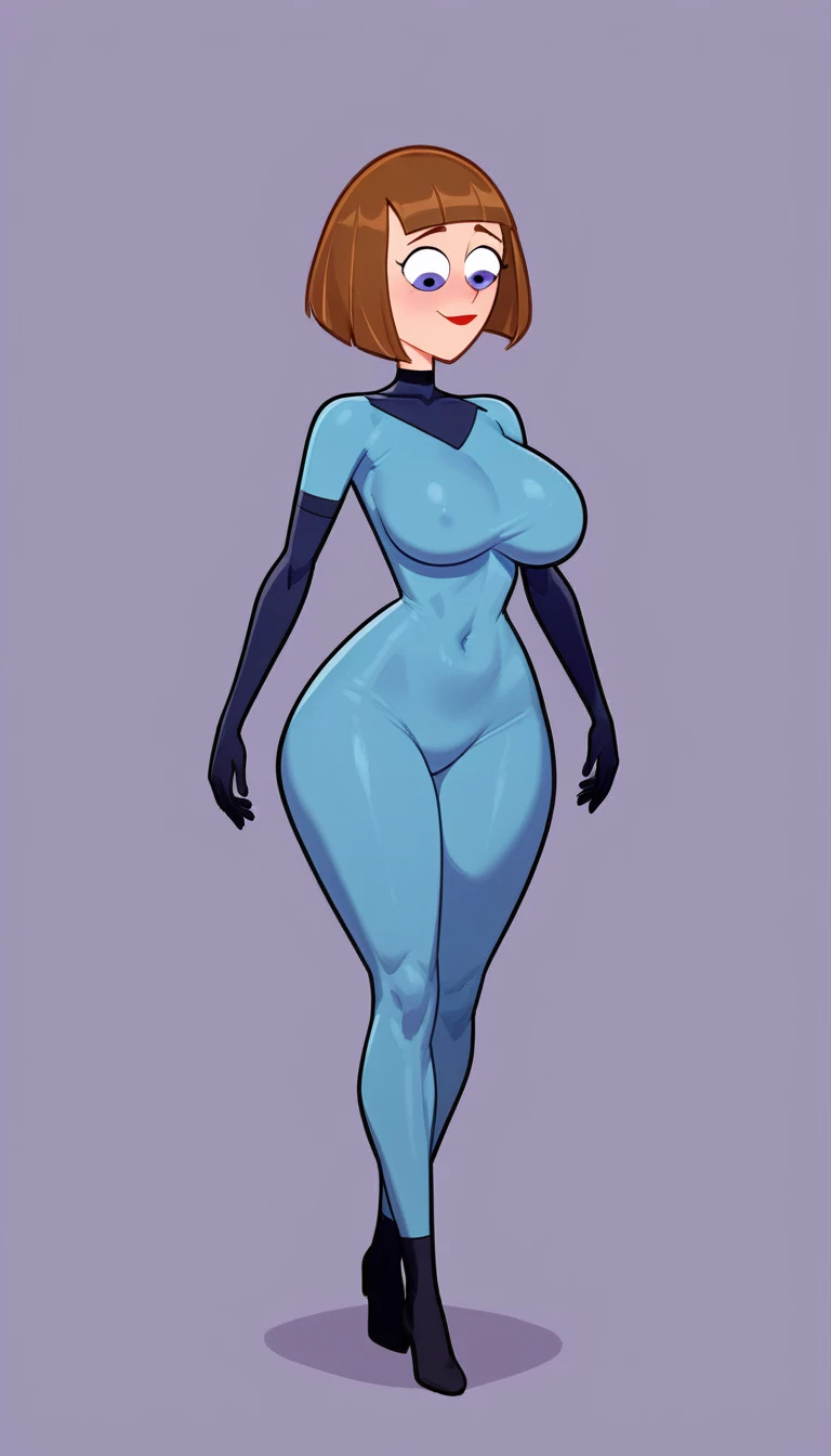 NSFW maddie fenton, towering over you, standing tall, showing off her sexy body, teasing you, blue bodysuit, curvy physique, incest, solo woman, 1woman, 1 person, wants to be your girlfriend even though she is your mother, a guilty passion, twisted dark sexual feelings
