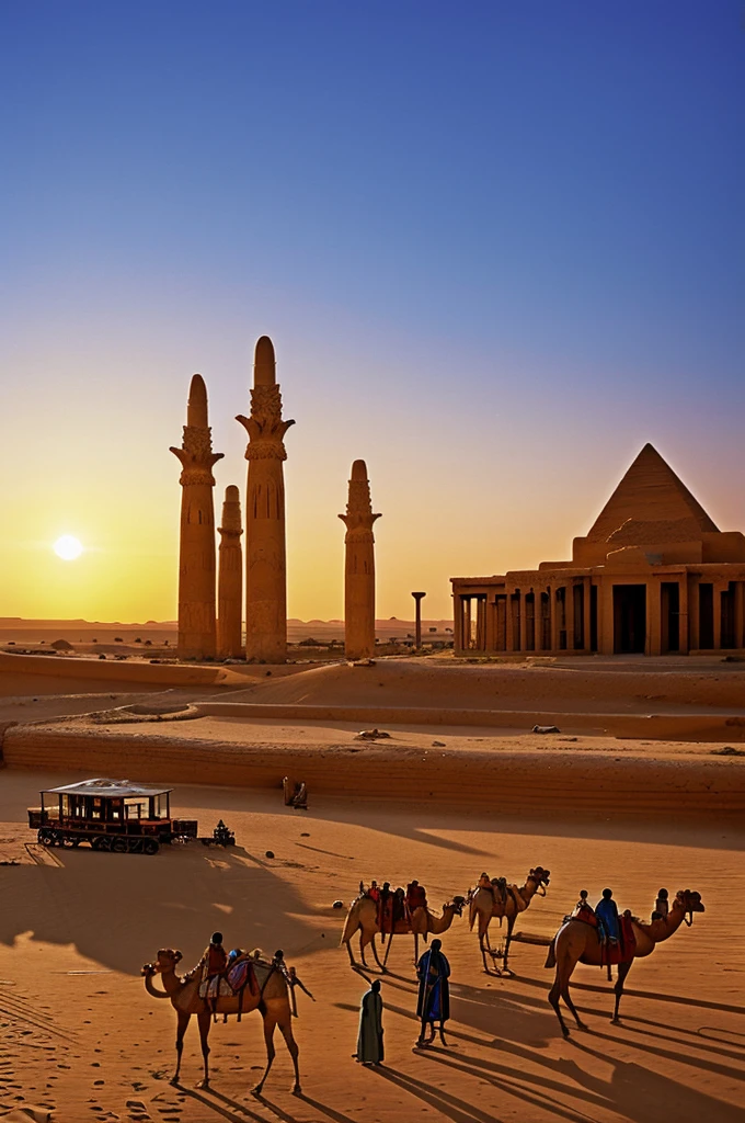 An oasis in the desert, during sunset, with large Egyptian statues and a trading caravan with camels in the background, in 1870.
