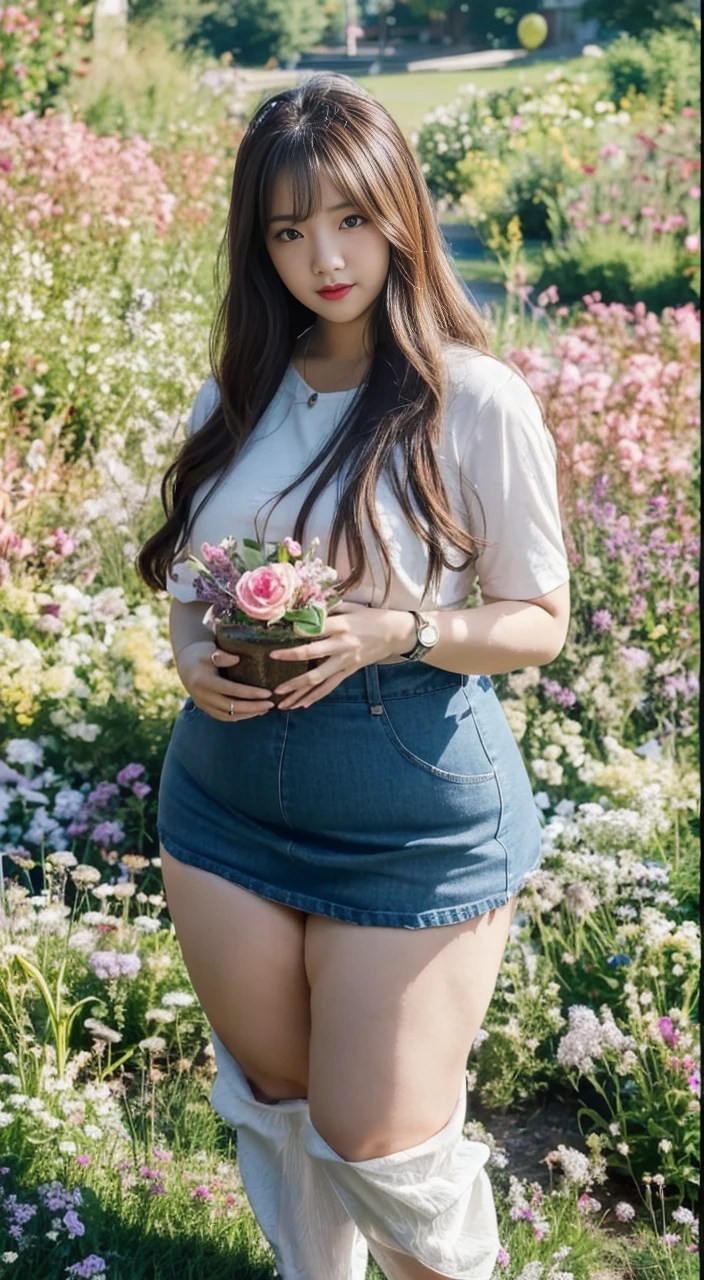 ((best quality)), ((masterpiece)), (detailed), perfect face, araffe woman in a long dark-blue shirt and blue denim skirt walking down a street, thicc,  wavy  short hair , she has a jiggly fat round belly, bbwchan, wearing tight simple clothes, skinny waist and thick hips, widest hips, her belly is fat and round, soft curvy shape, hyperrealistic full figure, wearing a cute top, wide hips, wearing 10 bracelet , wearing huge diamond necklace 