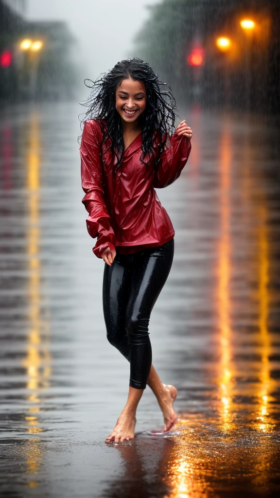 (A close-up of a dancer), (dancing dynamically in the rain), (capturing mid-motion with energy and fluidity), (raindrops on their face and hair), (joyful and expressive face), (wet clothes clinging to their body), (dramatic and powerful pose), (urban night setting), (colorful bokeh lights), (wet pavement reflecting lights), (dramatic lighting highlighting raindrops and movement), (rain creating ripples around their feet)
