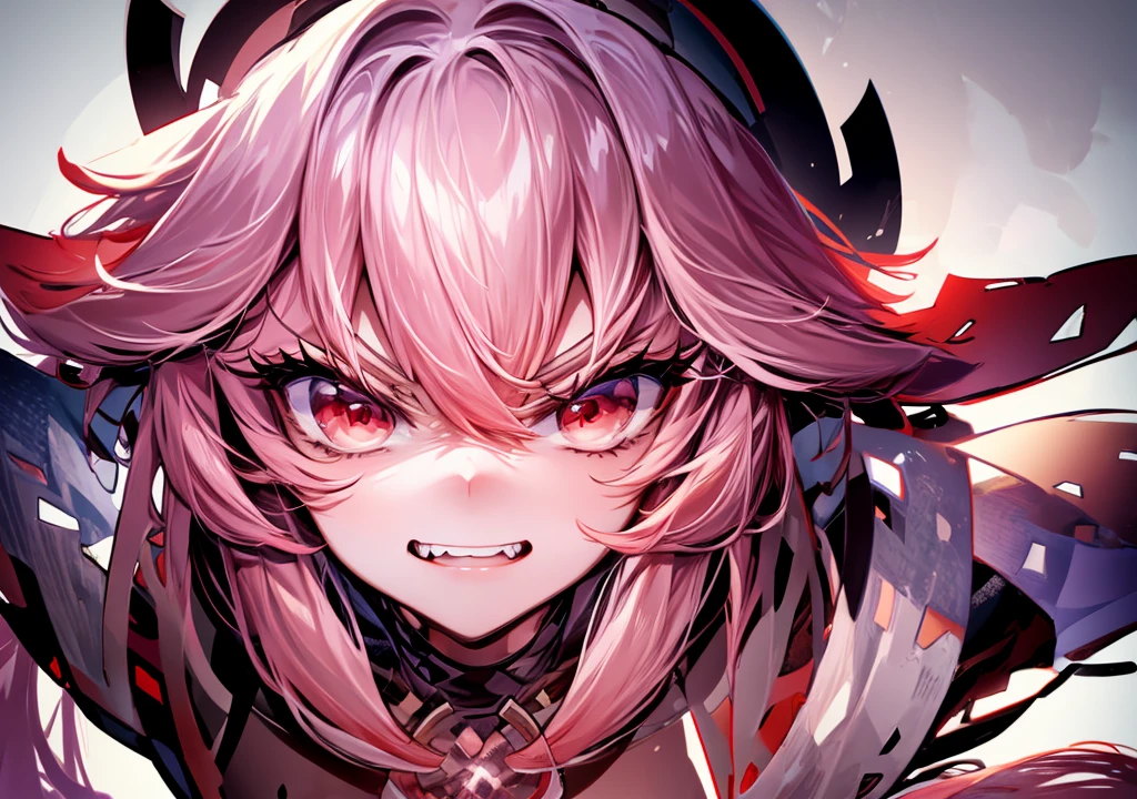 Girl 21 age, human race, no animal ears, human anatomy, proportional face , red eyes, white hair, beast teeth, dark room background , smile face, angry playful expression
bright red eyes that glow in the dark, abyss background