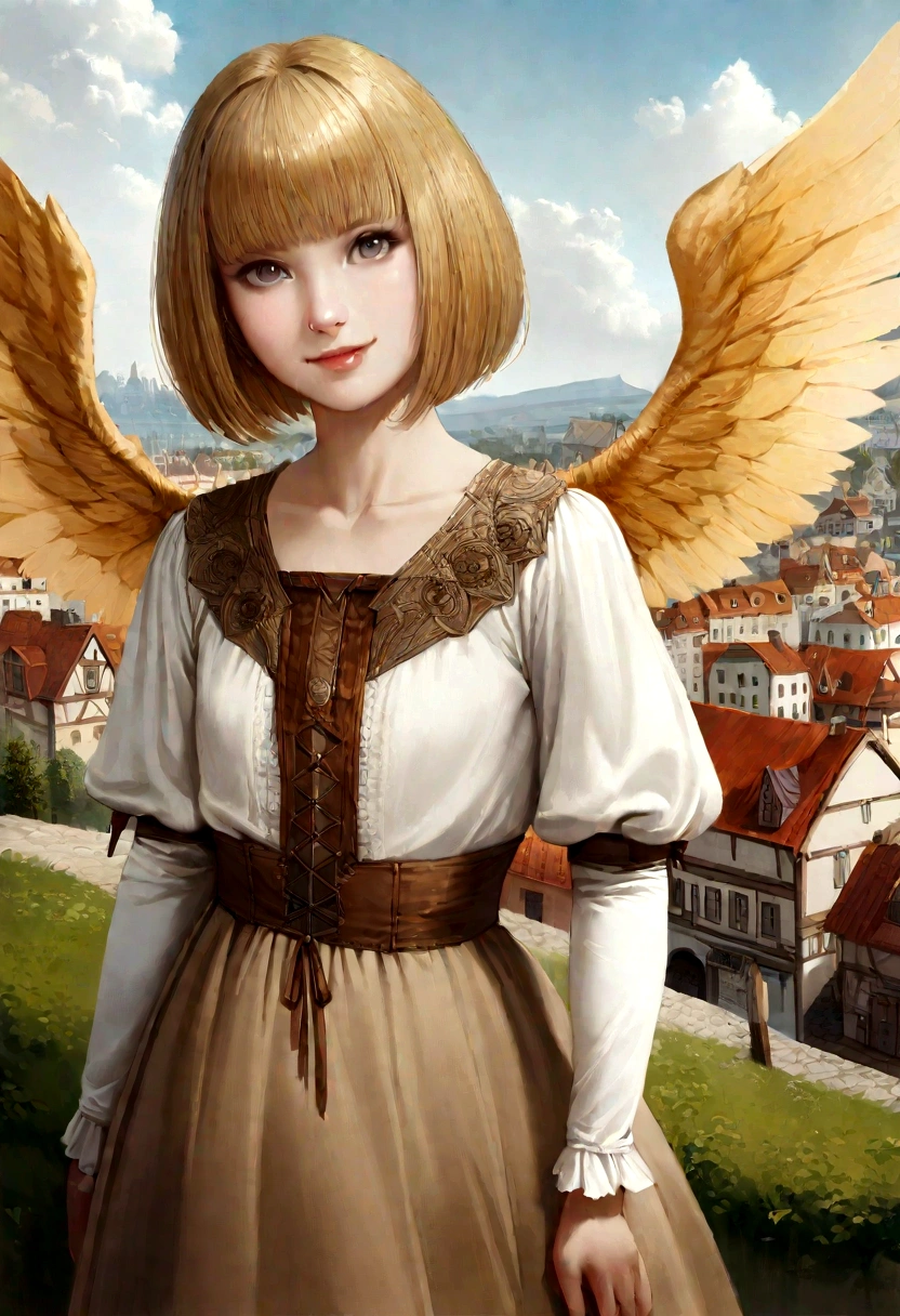 1 girl, european, fantasy, 30 years, she is wearing brown skirt, she has blond bobcut hair, she has grey eyes, she is smiling, town in the background, fantasy, realistic, detailed face, she has one angelic big wing white, flat chest