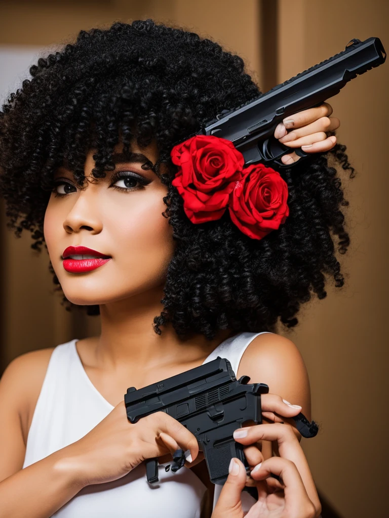 un modelo pin-up, vivid colors, High saturation dual guns at the viewer. Mujer afroamericana, piel negra