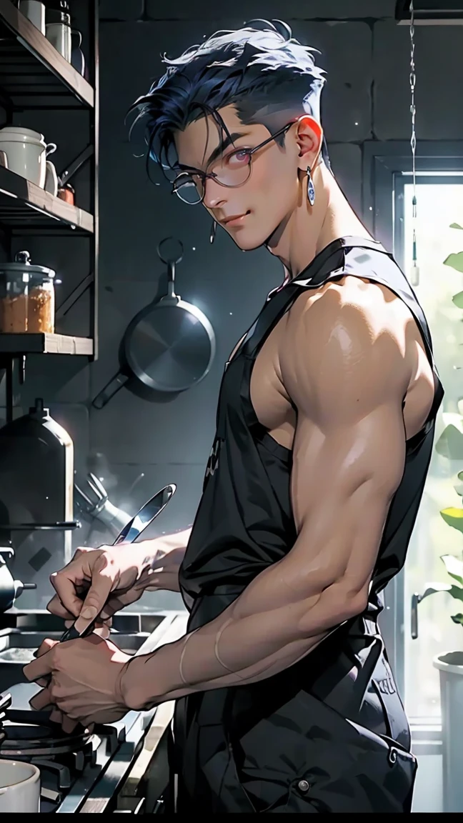 highest quality, 8K, high resolution image, anime style Jujutsu Kaisen, (Gilgamesh/Fate), detailed strokes, bored look, blurry, purple light reflecting from it, (close angle), 1 man, young, male, model, cooler Guy, multicolored background with different geometric shapes, around stickers, muscular, blue eyes, dark blue hair, hairstyle, hairstyle: undercut, short hair, blue hair, puffy chest, he is wearing a cool He wears a tank top, sweatpants and a kitchen apron, golden link chain, glasses, background: Kitchen, bright room, he is standing in the kitchen and is about to cook something, knife block, pot stove, cutting board, kitchen knife, wooden spoon, vegetables,