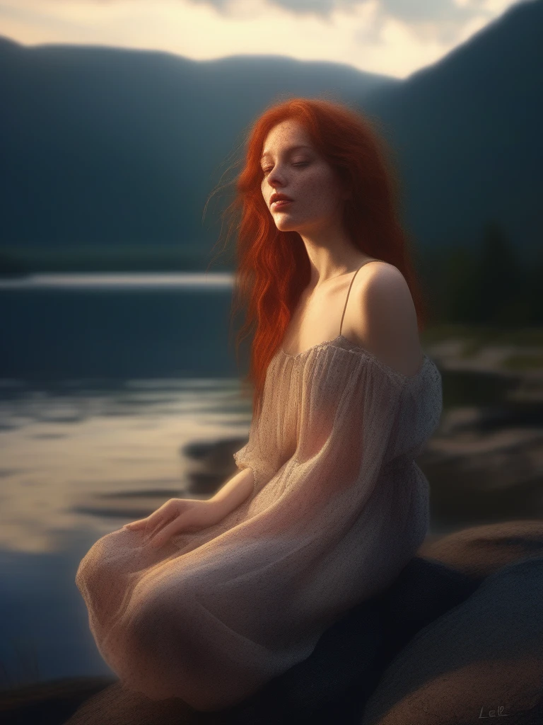 Beautiful 26 year old Caucasian redhead woman., some small freckles, dressed in a tattered nightgown, dropped straps, disengaged, shyness, seduction, romance, Open mouth, Loving look, on a protruding rock, Lake in the background, sunset, Photorealist, Photo, Masterpiece, realist, realism, Photorealism, High contrast, trendy Photorealist digital art on Artstation 8k HD realist high definition detailed, detailed, skin texture, hyper detailed, realist skin texture, Best Quality, ultra high resolution, (Photorealist: 1.4),, high resolution, detailed, raw Photo, sharp fire, by lee jeffries nikon d850 film stock photography 4 kodak portra 400 f1 camera.6 rich lens colors texture hyper realist dramatic lighting Unrealengine trending in ArtStation Cinestill 800, no text