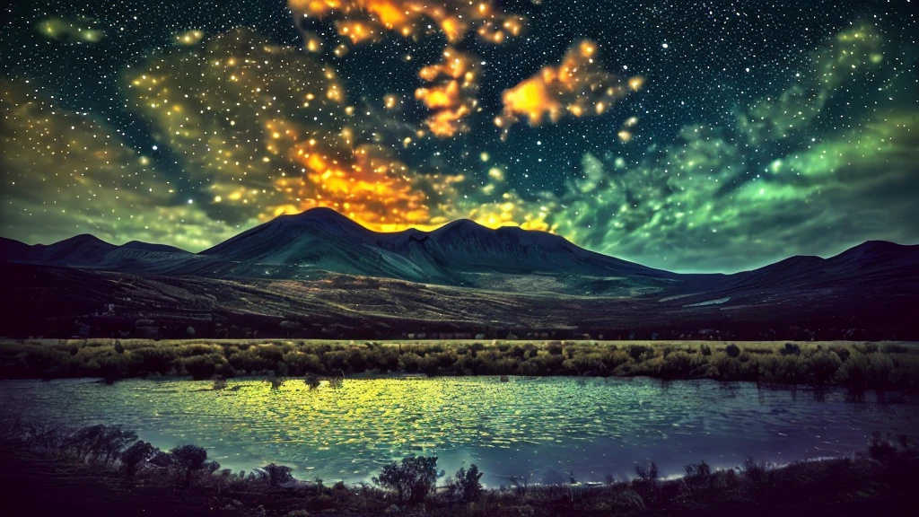 ((Highest quality)), ((masterpiece)), (detailed), ((Starry Sky))、(Large Lake)、(湖にStarry Skyが反射している)、Overall dark、midnight