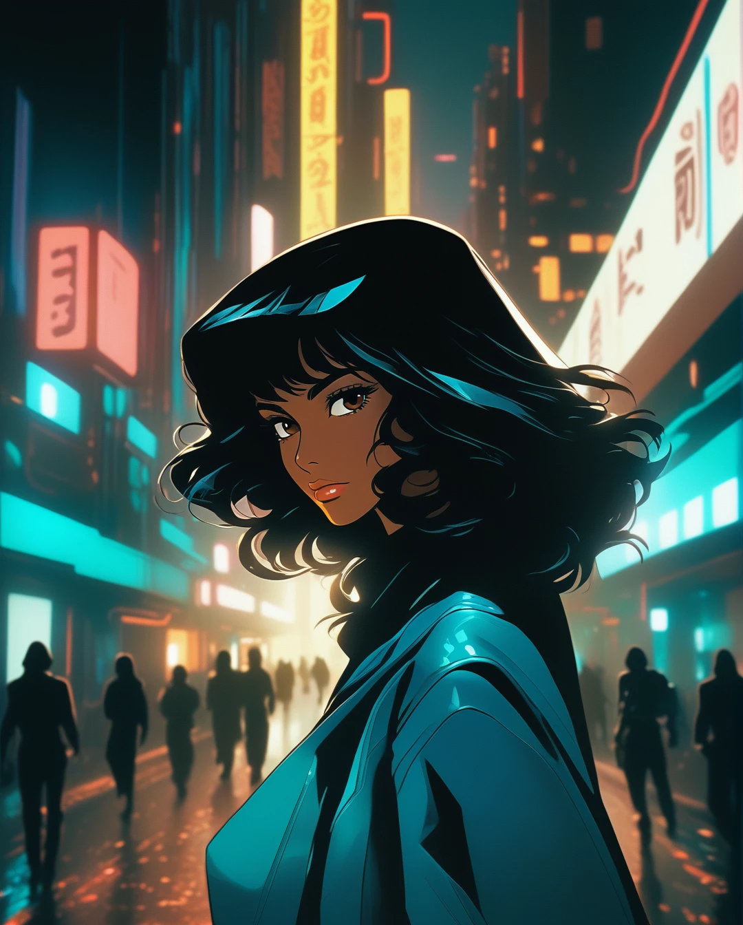 realistic, Analog style, vhs style, 8mm film, chromatic aberration, Dvd screengrab, 80s movie, cinematic lighting, A gracefully dangerous Saudi Arabian woman, with light brown tan skin, brown eyes, and black hair, appears as an assassin and spy in a futuristic Alien planet city and landscape. The image depicts her in sleek, advanced attire that blends seamlessly with the alien surroundings. Every detail bursts with life amid the futuristic decay: her attire is a mix of high-tech and cultural elements, her eyes shine with cunning determination, and her movements exude deadly grace. The scene captures a perfect balance of elegance and danger, drawing viewers into a thrilling tale of intergalactic espionage.