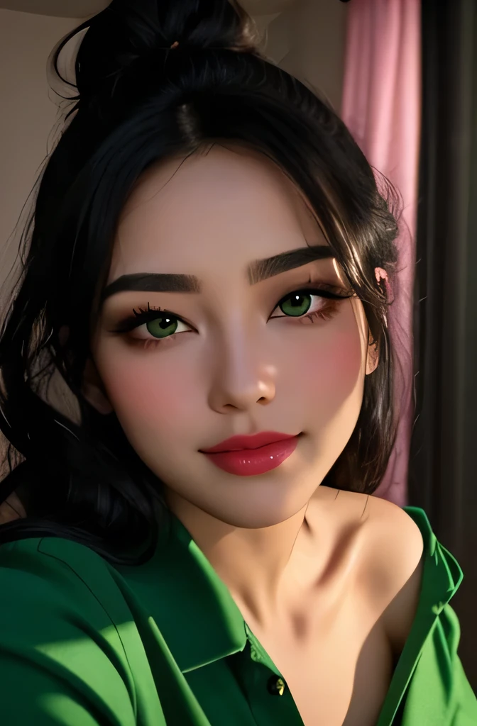 Amazing portrait of a sexy woman with a beautiful face with lustful eyes gazing seductively and parted pink lips smiling as she blushed deeply with her black hair in a bun wearing a green satin shirt that is partially unbuttoned and falling off her shoulders exposing her creamy pale porcelain skin in a very dimly lit bedroom giving off an intimate vibe