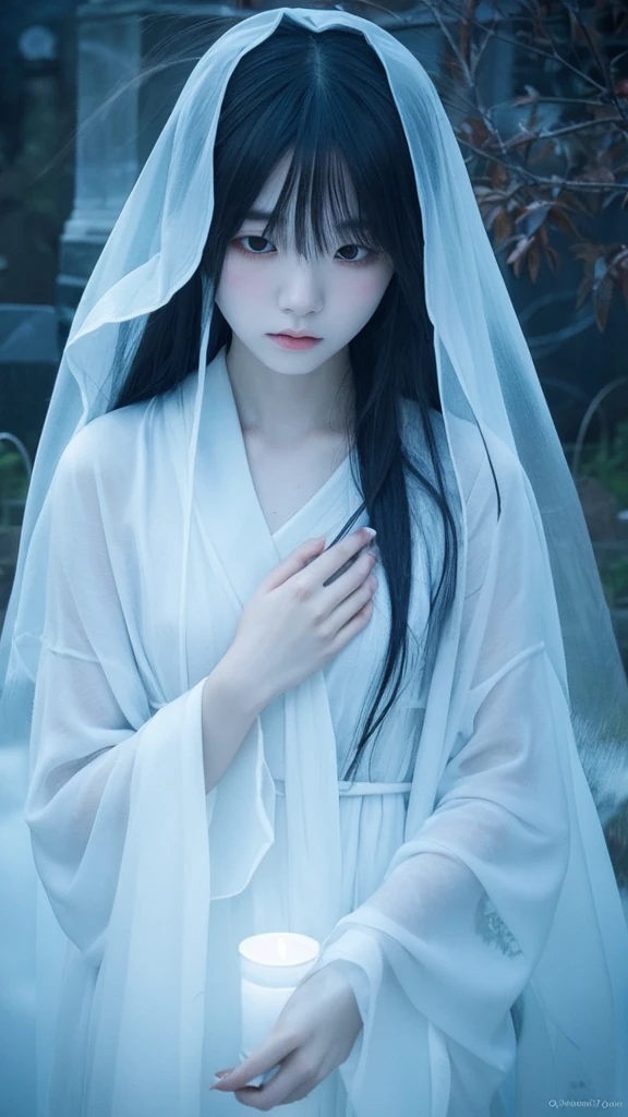 Floating in the cemetery at midnight、Please draw a ghostly Yuki-onna.。Emphasizing her translucent white skin and ice-cold gaze、Add some mist around the area.。