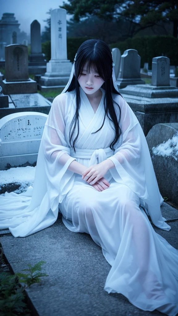 Floating in the cemetery at midnight、Please draw a ghostly Yuki-onna.。Emphasizing her translucent white skin and ice-cold gaze、Add some mist around the area.。