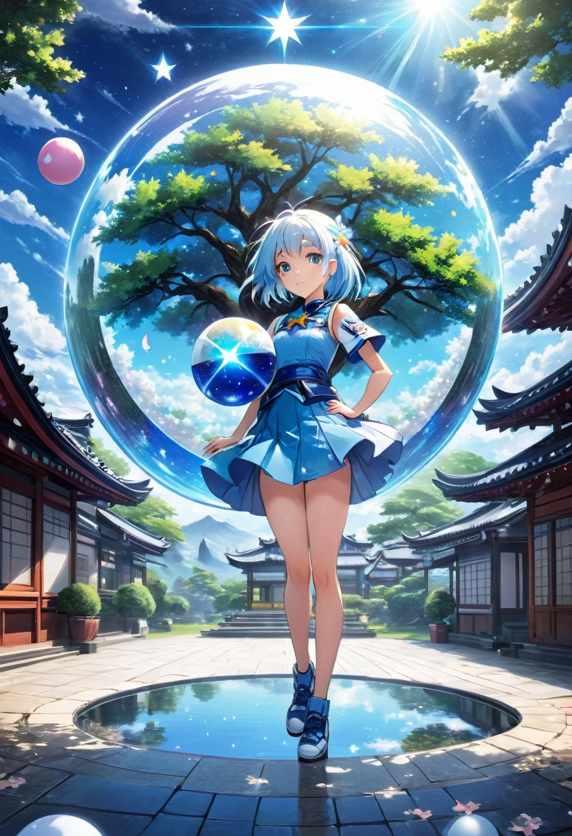 a blue sky backdrop, a sakura tree, in anime style, transparent, biolumence, A ((( A (((A cute white blue ball dominion with amazing and lovely show room and shining star in hyper realistic quality)),   illustrating a fantastical fusion of the natural and abstract, backdrop) with intricate details that exude a (popular anime style), a full-body perspective, High Quality, super 3D