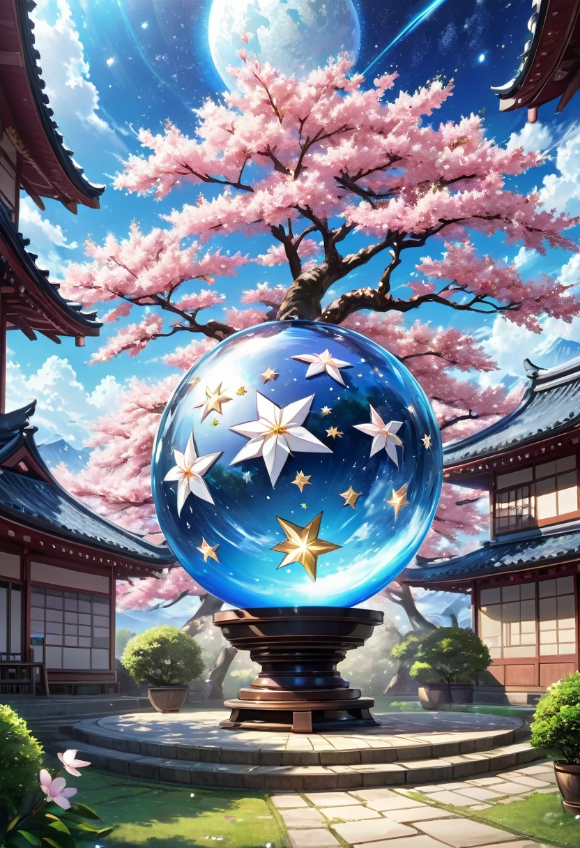 a blue sky backdrop, a sakura tree, in anime style, transparent, biolumence, A ((( A (((A cute white blue ball dominion with amazing and lovely show room and shining star in hyper realistic quality)),   illustrating a fantastical fusion of the natural and abstract, backdrop) with intricate details that exude a (popular anime style), a full-body perspective, High Quality, super 3D