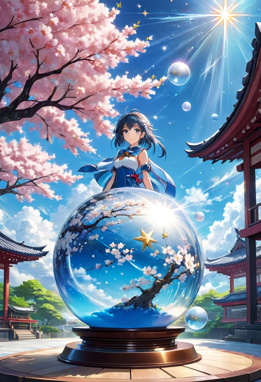 a blue sky backdrop, a sakura tree, in anime style, transparent, biolumence, A ((( A (((A cute white blue ball dominion with amazing and lovely show room and shining star in hyper realistic quality)), illustrating a fantastical fusion of the natural and abstract, backdrop) with intricate details that exude a (popular anime style), a full-body perspective, High Quality, super 3D