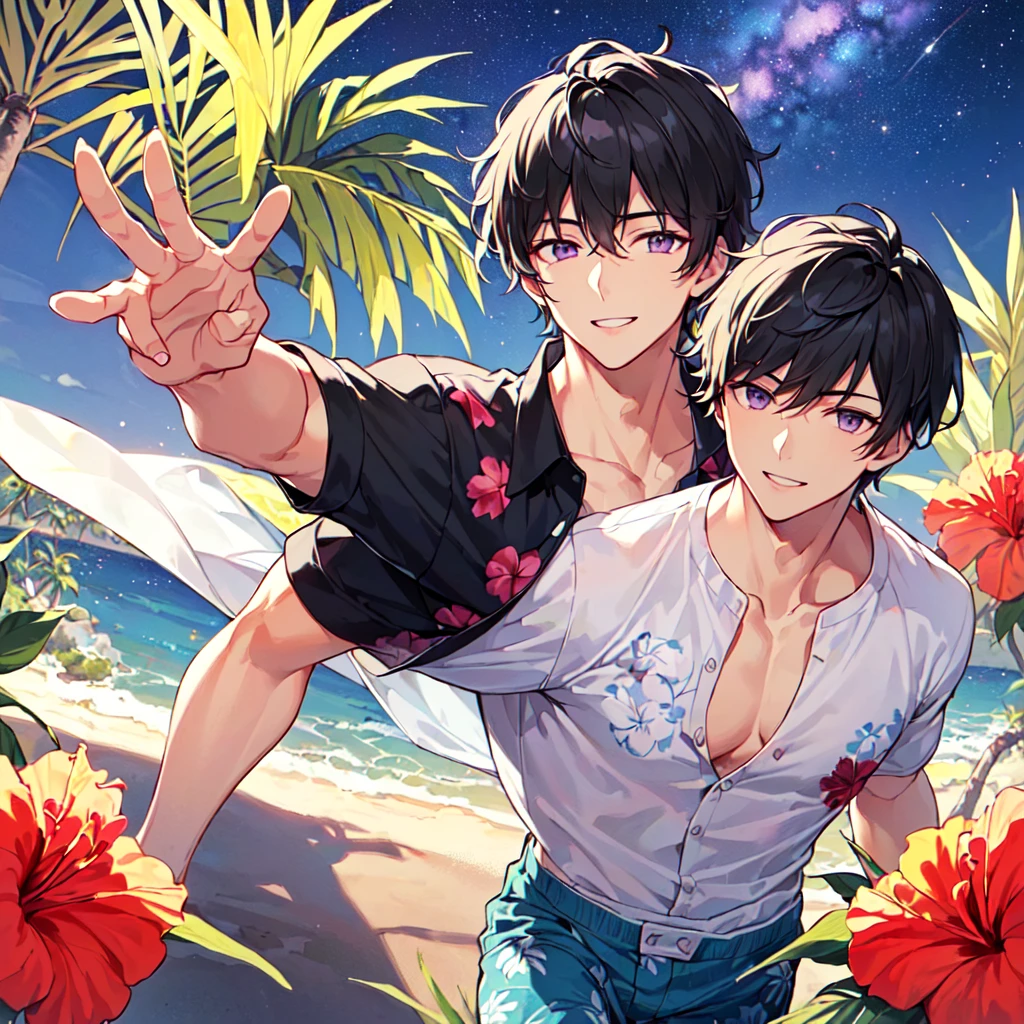 masterpiece,best quality,high quality,extremely detailed,(1male austere handsome one solo adult age 30 years old:1.5),(purple eyes, cool with suspended eyes), body strong and fearless 8.5 head tall and 185cm tall,(well-groomed black hair short hair to neck:1.4), (bangs parted in 7 thirds:1.4), (pectoral and rectus abdominis:1.3), slender nose, facial muscles, (aloha shirt hibiscus print, half pants:1.3), (cool smile:1.3), (running:1.3), (stylish pose), (background tropical and Hibiscus:1.3) , (Milky Way Night Sky: 1.3), (upper body:1.3)