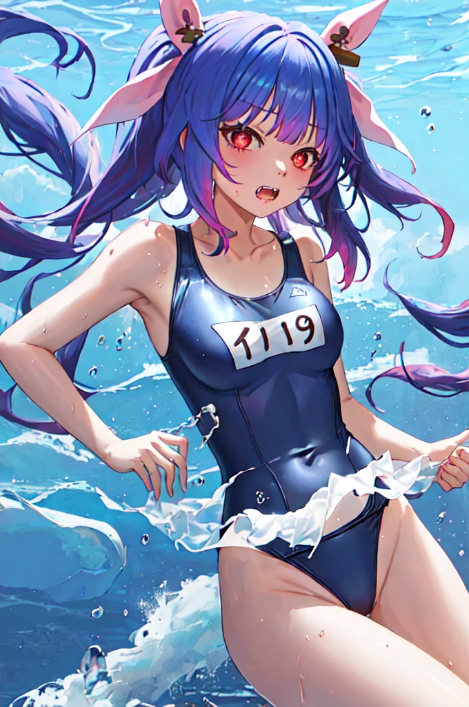 Highest quality, masterpiece, High resolution, alone, {I19_Fleet Collection:1.15}, Long Hair, Blue Hair, ribbon, ヘアーribbon, red_eye, tw private nta private ls, chest, big_chest, symbol-shaped_pup private ls, Swimsuits, 学校Swimsuits, Swimsuits, Open_mouth, 私le, red面, star-shaped_pup private ls, star_\(symbol\), tr私_ta私ls, tooth, One girl, alone_concentrated, heart, chestの谷間, clavicle, Sweat, teeth