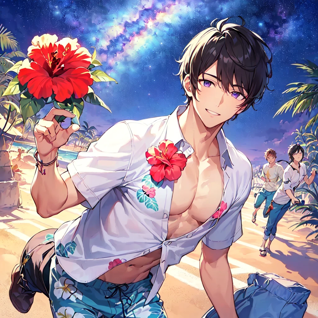 masterpiece,best quality,high quality,extremely detailed,(1male austere handsome one solo adult age 30 years old:1.5),(purple eyes, cool with suspended eyes), body strong and fearless 8.5 head tall and 185cm tall,(well-groomed black hair short hair to neck:1.4), (bangs parted in 7 thirds:1.4), (pectoral and rectus abdominis:1.3), slender nose, facial muscles, (aloha shirt hibiscus print, half pants:1.3), (cool smile:1.3), (running:1.3), (stylish pose), (background tropical and Hibiscus:1.3) , (Milky Way Night Sky: 1.3), (upper body:1.3)