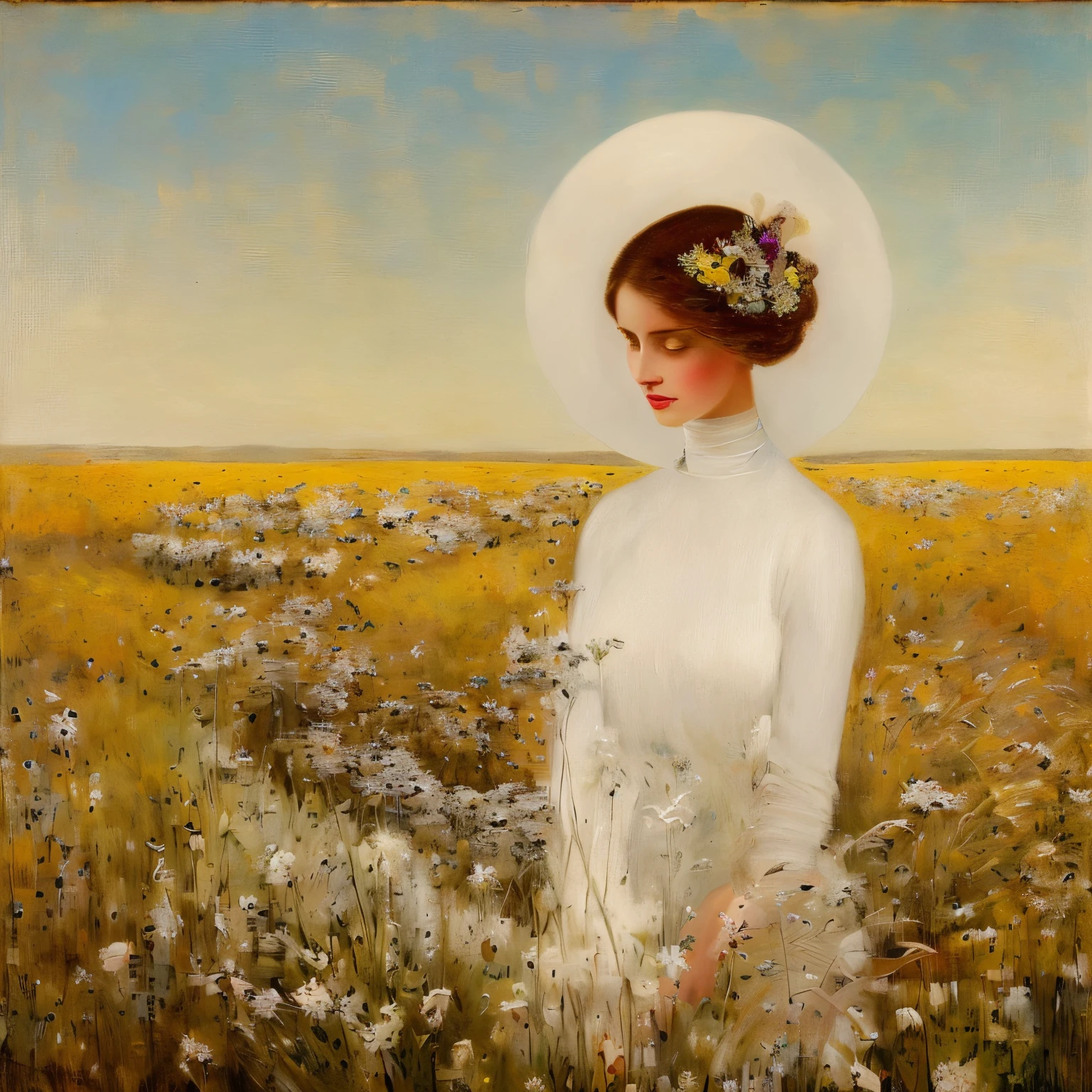 painting of a woman in a white dress standing in a field, karol bak of emma watson nun, a goddess in a field of flowers, in a meadow, in a field, in a field with flowers, in the style of hans thoma, edgar maxence, in a wheat field, in a field of flowers, by Hovsep Pushman