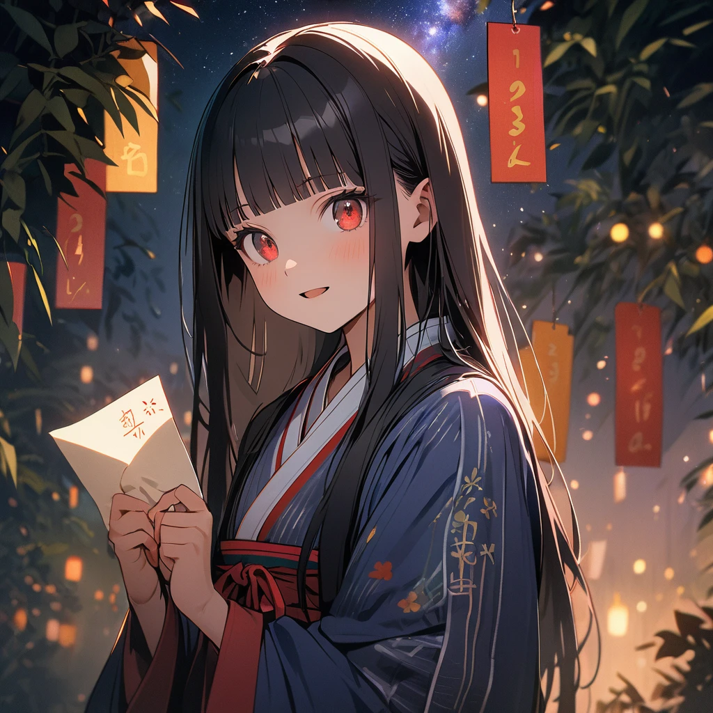 (8K, best quality, master piece: 1.2), super high resolution,1 girl,solo,,ultra-detailed face,detailed eyes,red eyes,black hair,blunt bangs,Straight hair,Long hair,light smile, open mouth,Hanfu,The girl holding a wish paper with the number "7" written on it,Tanabata Festival, Milky Way, night view, rim light,large tall bamboos and colorful hanging decoration