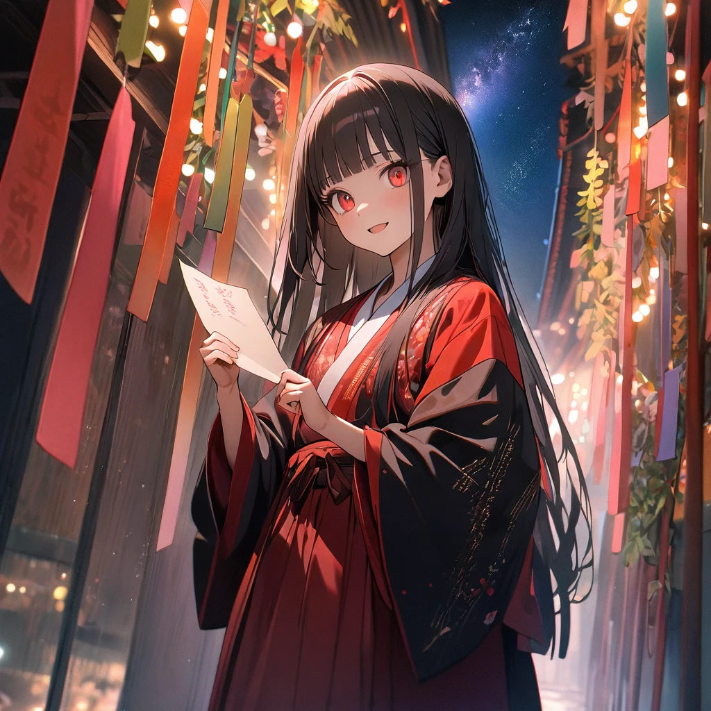 (8K, best quality, master piece: 1.2), super high resolution,1 girl,solo,16yo,ultra-detailed face,detailed eyes,red eyes,black hair,blunt bangs,Straight hair,Long hair,light smile, open mouth,Hanfu,The girl holding a wish paper with the number "7" written on it,Tanabata Festival, Milky Way, night view, rim light,large tall bamboos and colorful hanging decoration