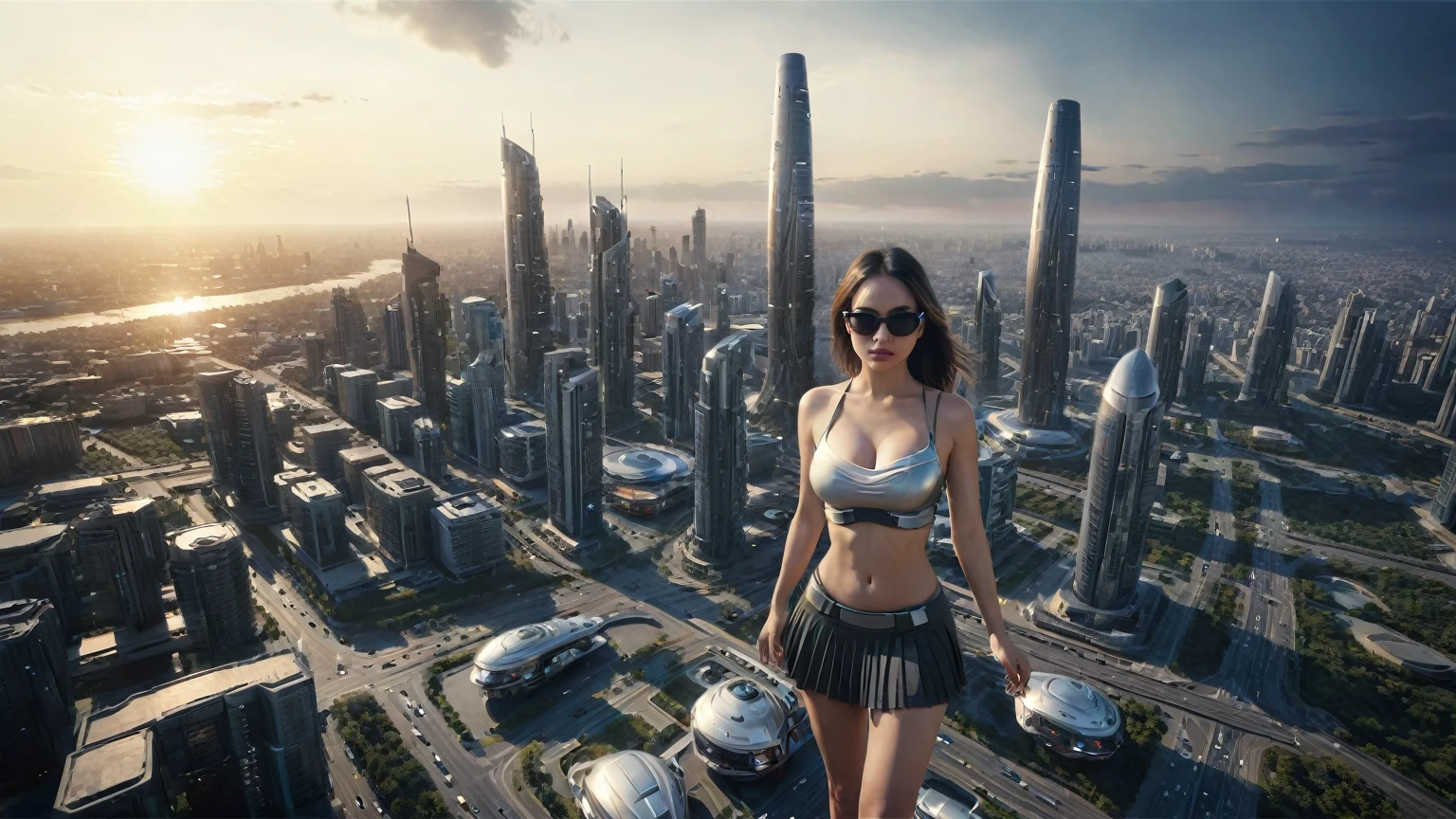 (((At night, ((very dark sunset sky)), (((1girl, solo))), a western woman, photo realistic, large-breast:1.2 slim body, cleavage, off tube top, short pleated miniskirt, standing on rooftop, matrix style black sunglasses, (shooting with a short gun), half-body thigh level medium shot))). In the background, simple aerial view of a sci-fi futuristic city, flying vehicle speeding towards camera.