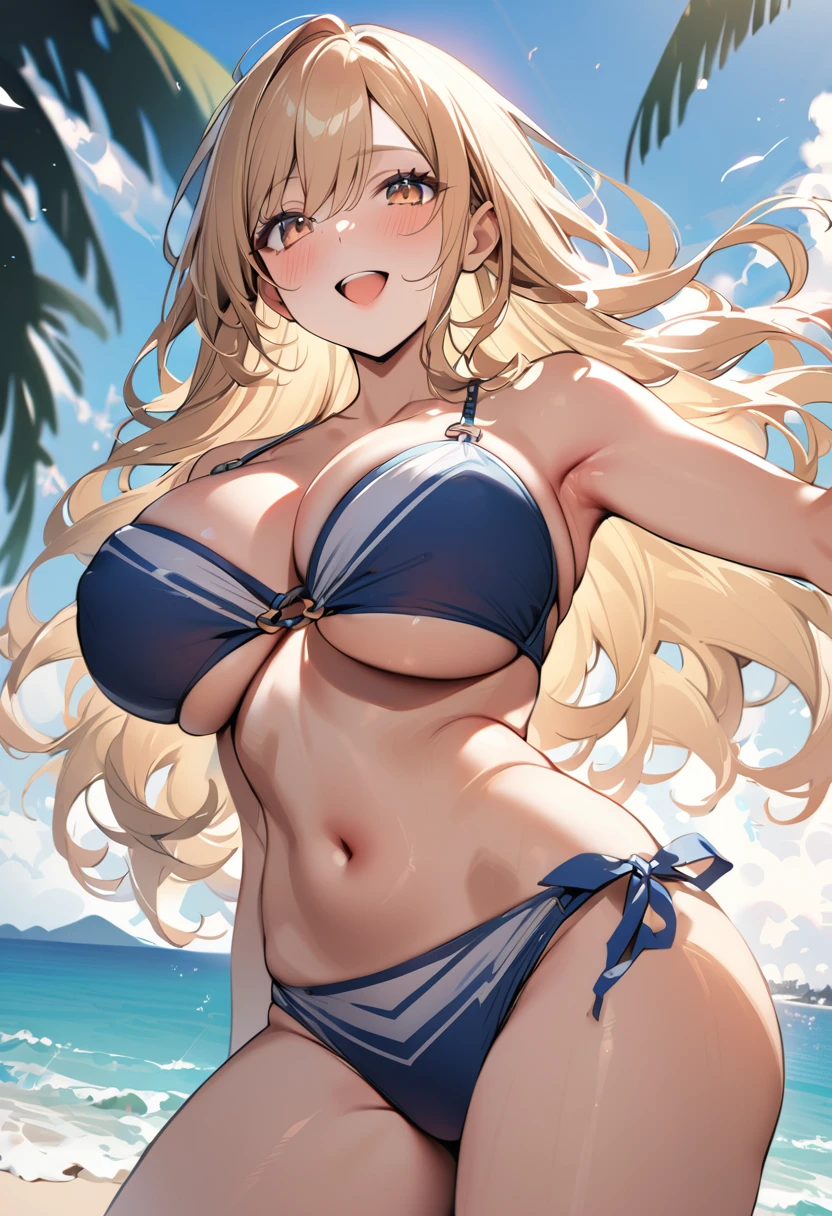 1 lady, 20 years old, blonde hair, long hair, wavy hair, light brown eyes, huge breasts,
BREAK (masterpiece), (high resolution 8K), cinematic lighting, professional lighting, detailed eyes and face, detailed body, 
BREAK　A beautiful  woman stands at the end of a wooden jetty, her gaze pensive as she looks out over the calm, azure sea. She’s wearing a sleek, navy blue bikini that contrasts elegantly with the light wood and the clear blue water. Her hands are lightly clasped in front of her, and her posture is relaxed yet composed. The camera captures her from a medium distance, allowing the length of the jetty and the vast ocean to frame her thoughtfully, emphasizing a moment of solitude and reflection