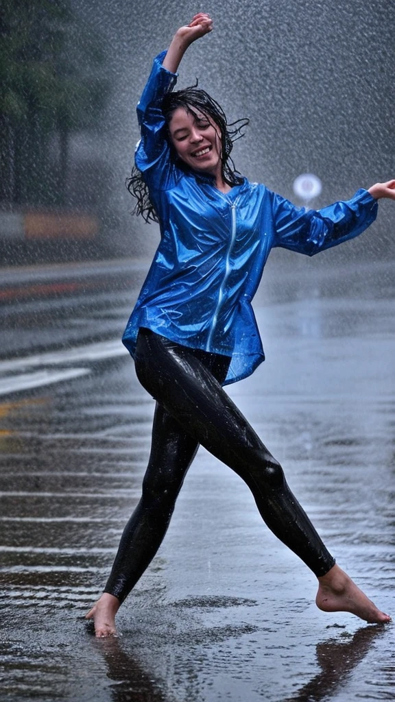 (A close-up of a dancer), (dancing dynamically in the rain), (capturing mid-motion with energy and fluidity), (raindrops on their face and hair), (joyful and expressive face), (wet clothes clinging to their body), (dramatic and powerful pose), (urban night setting), (colorful bokeh lights), (wet pavement reflecting lights), (dramatic lighting highlighting raindrops and movement), (rain creating ripples around their feet)
