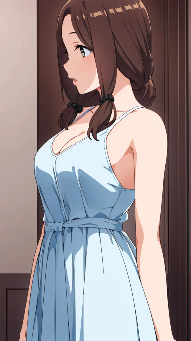 One girl, masterpiece, Highest quality, Very detailed, (figure), Brown Hair, Long Hair, Low Ponytail, Braiding, Parted bangs, View your viewers, Glossy Lips, Lips parted, Perfect lighting,, Cleavage, T-shirt maxi dress、Small waist、The whole body is visible