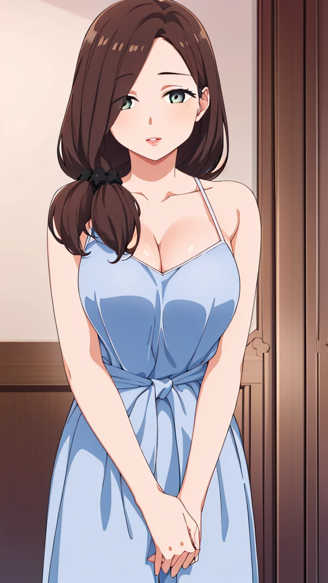 One girl, masterpiece, Highest quality, Very detailed, (figure), Brown Hair, Long Hair, Low Ponytail, Braiding, Parted bangs, View your viewers, Glossy Lips, Lips parted, Perfect lighting,, Cleavage, T-shirt maxi dress、Small waist、The whole body is visible