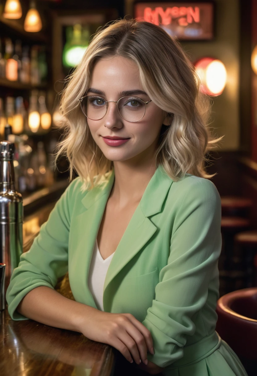 Raw and raw photography of {a young woman, blonde hair,light green eyes,sitting in a cozy corner of the bar, A young woman stands at the lively counter of a bar in Madrid, immersed in the vibrant atmosphere of the city. Dress elegantly, wearing a modern outfit that reflects the style of the Spanish capital. Her loose hair falls in soft waves, and a curious smile lights up his face as he interacts with the bartender and other customers. in the bar, shiny glasses and liquor bottles can be seen, creating an evocative backdrop for the cosmopolitan scene.},hyperrealism, 8K uhd, realistic skin texture, imperfect skin, Taken with Canon EOS 5D Mark IV, very detailed, Masterpiece , 