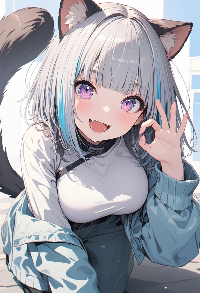 (best quarity,ultra detailed,ultra-high-resolution, absolutely resolution,8k, masterpiece),anime,(pale colors:1.8),long shot, 1girl, solo, cat mouth, dynamic angle, OK sign, grin, smile, opened mouth, all fours, fang, blue hair, bobcut, straight hair, racoon ears, racoon tail, (brown streaked hair:1.3), (blunt bangs) ,thick eyebrows, big breast, off shoulder clothes, cutout, striped and heart background, shadow,