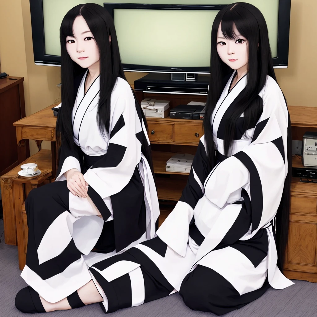 Photo, masterpiece, top quality, high resolution, perfect lighting, full body, one woman, solo, sitting, black straight long hair, white kimono, black eyeshadow, TV,