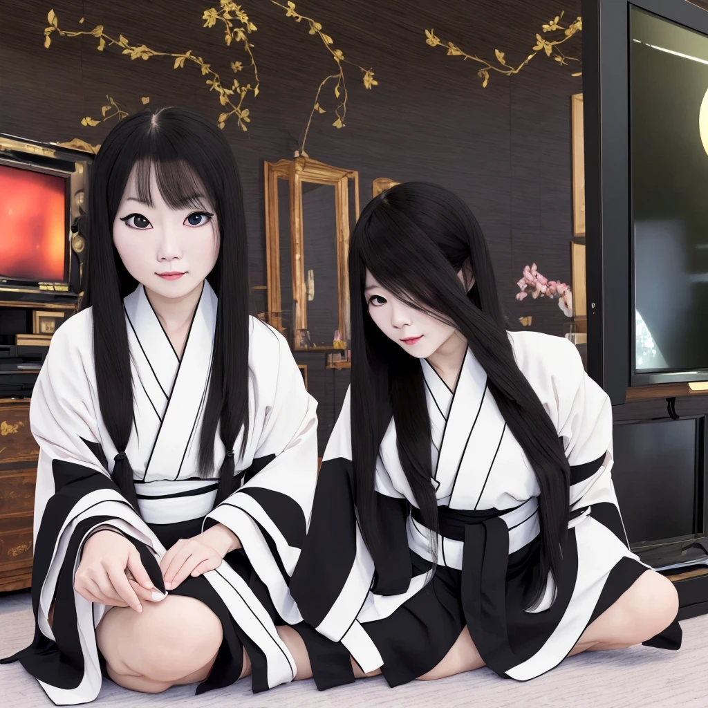 Photo, masterpiece, top quality, high resolution, perfect lighting, full body, one woman, solo, sitting, black straight long hair, white kimono, black eyeshadow, TV,