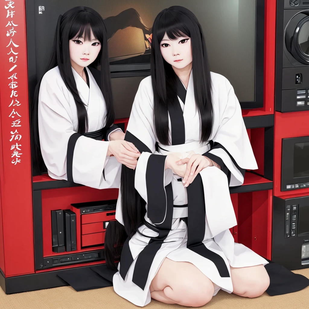 Photo, masterpiece, top quality, high resolution, perfect lighting, full body, one woman, solo, sitting, black straight long hair, white kimono, black eyeshadow, TV,