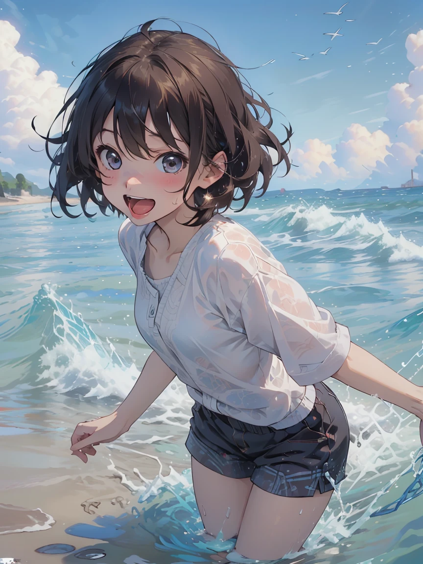 With a girl、10 Talents、Playing in the sea、Happy expression、Brown haired、short hair、Laughter、Open your mouth、Don't pull your tongue、masterpiece、Highest quality、Beautiful expression、Detailing、whole body, long focus、Configuration with depth、