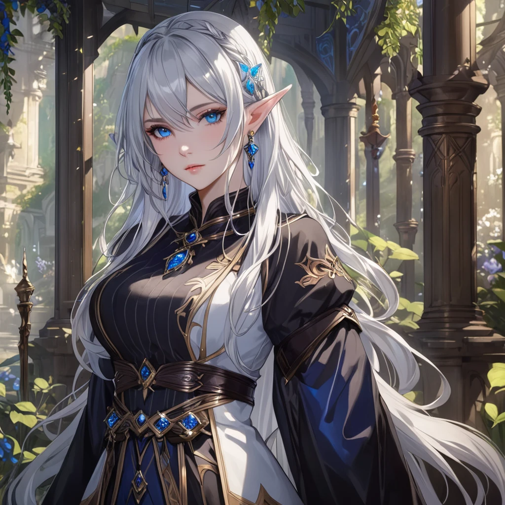 masterpiece, best quality, 1girl, adult, female focus, solo, silver hair, vibrant blue eyes, looking at viewer, closed mouth, Fantasy aesthetics, fantasy earring, Highly detailed, shadowverse style, elf ear, elf