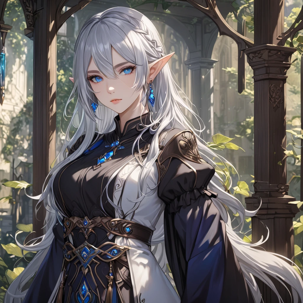masterpiece, best quality, 1girl, adult, female focus, solo, silver hair, vibrant blue eyes, looking at viewer, closed mouth, Fantasy aesthetics, fantasy earring, Highly detailed, shadowverse style, elf ear, elf