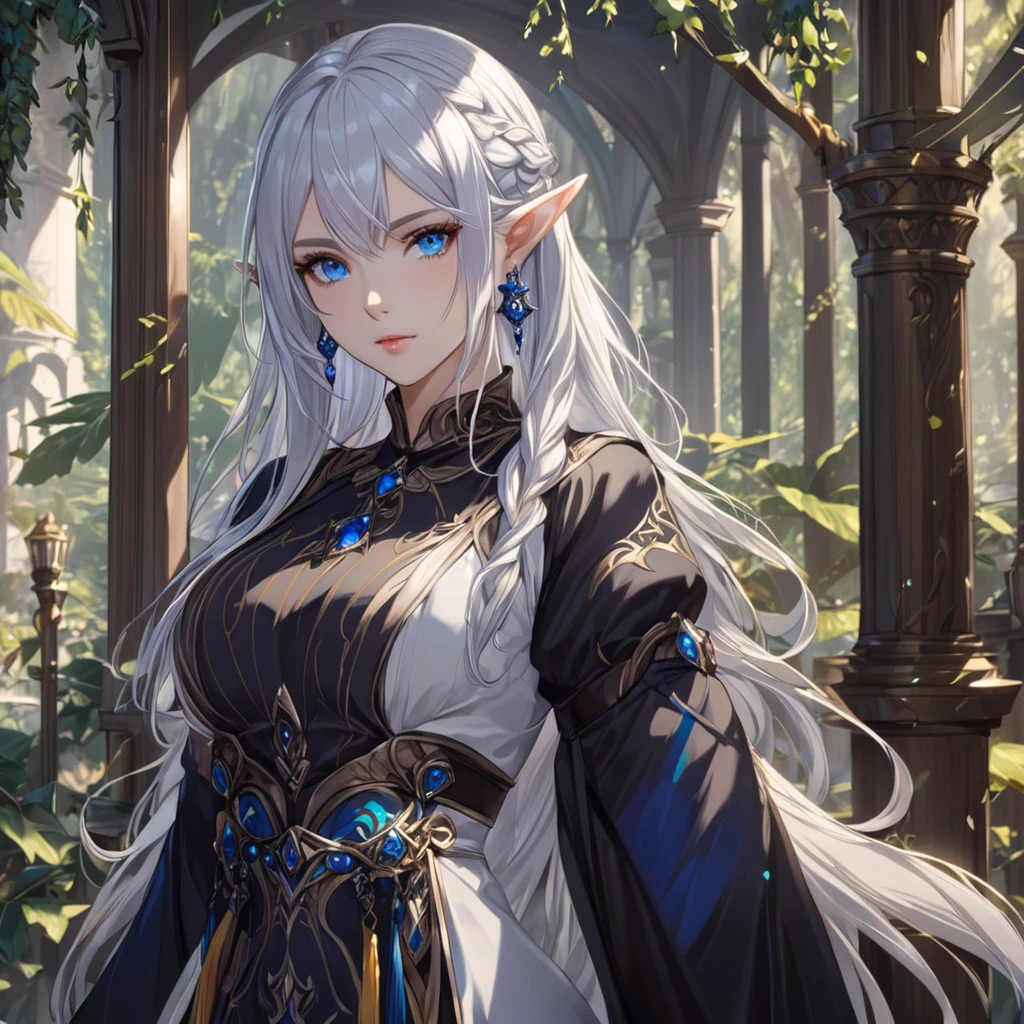 masterpiece, best quality, 1girl, adult, female focus, solo, silver hair, vibrant blue eyes, looking at viewer, closed mouth, Fantasy aesthetics, fantasy earring, Highly detailed, shadowverse style, elf ear, elf