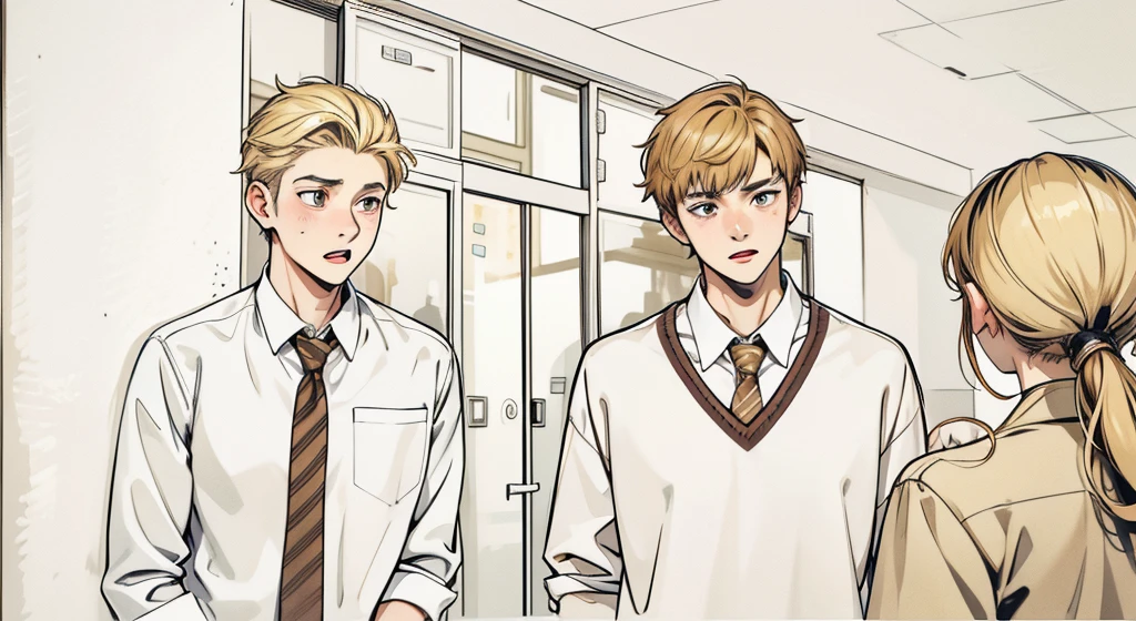 There are two 18-year-olds with brown hair and honey-colored eyes. They are scared and surprised.. They talk to a woman, her back is turned, she has blonde hair.