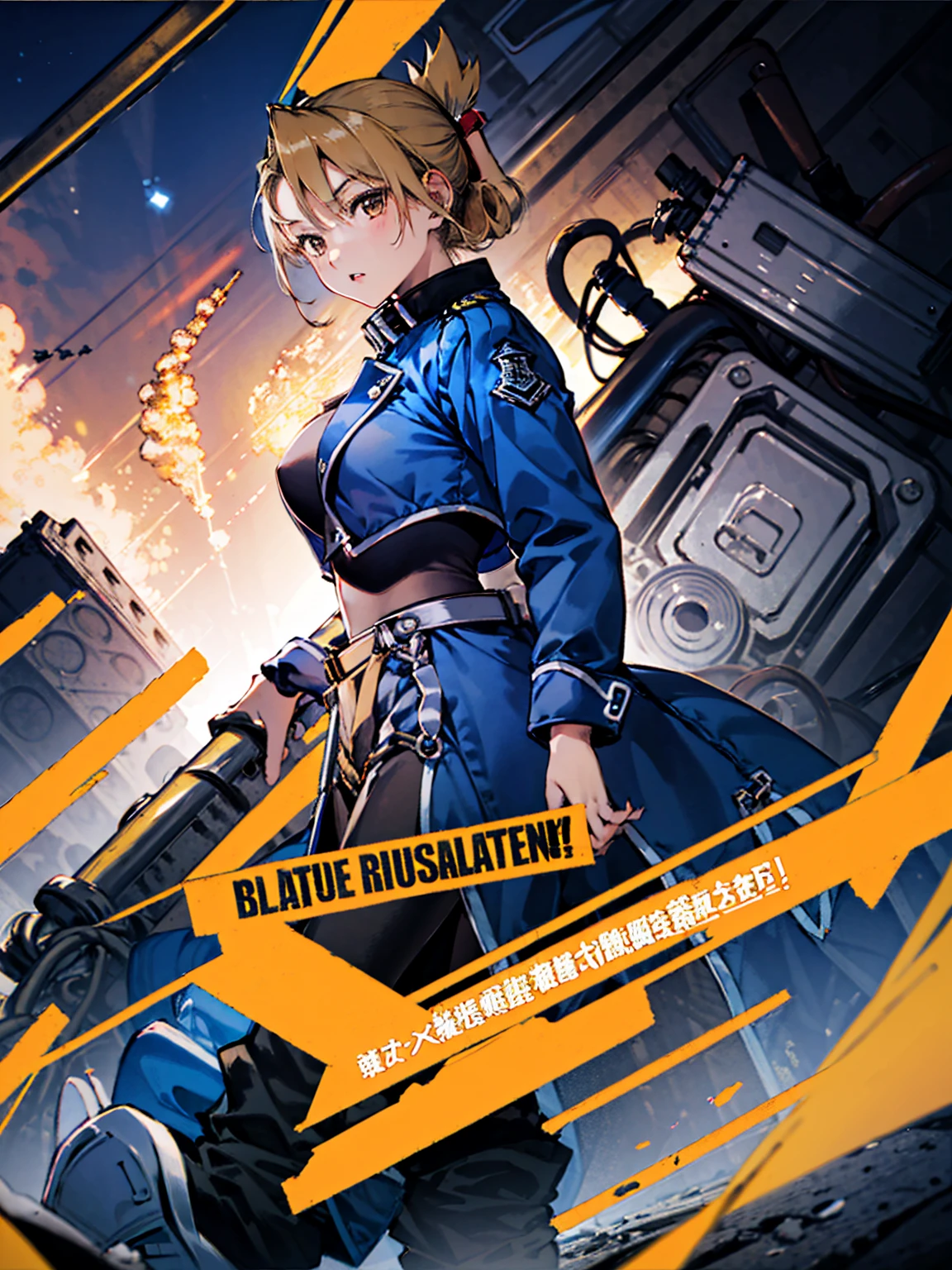 masterpiece, Highest quality, High resolution, One girl, (Blue jacketの下にBlack innerwearを着ている), Folded ponytail, Brown eyes, , uniform, Blue jacket, Blue pants, ,Big Breasts, Black innerwear, (