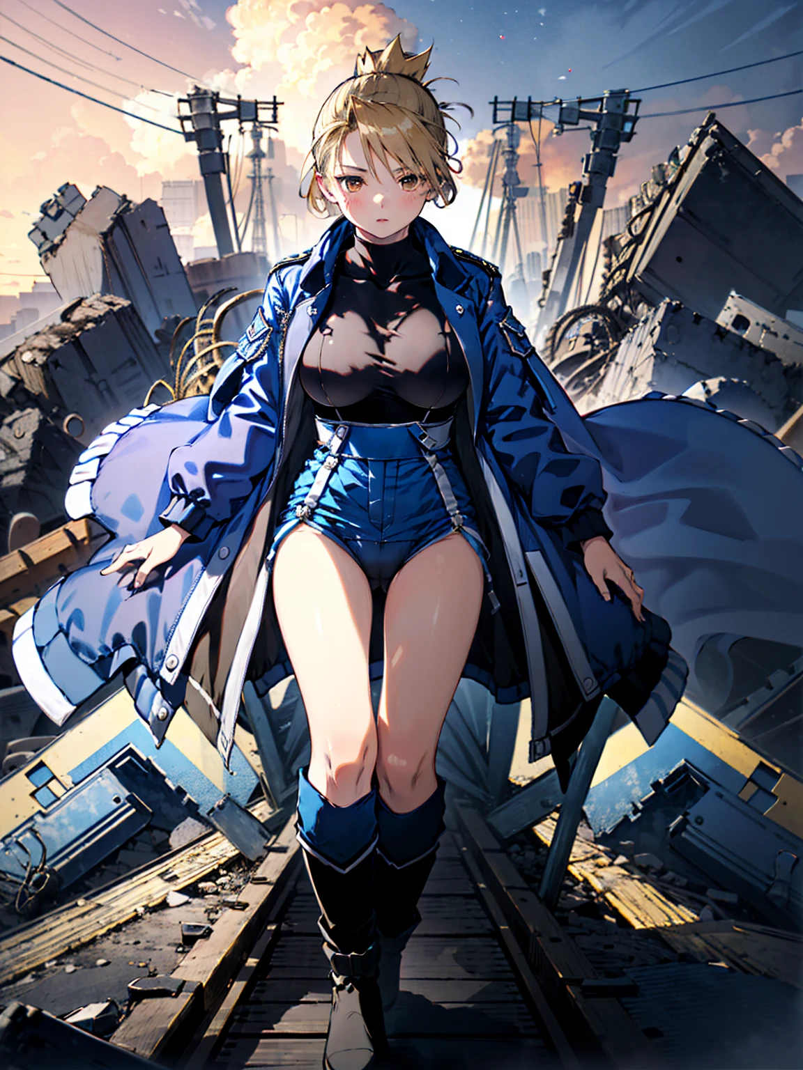 masterpiece, Highest quality, High resolution, One girl, (Blue jacketの下にBlack innerwearを着ている), Folded ponytail, Brown eyes, , uniform, Blue jacket, Blue pants, ,Big Breasts, Black innerwear, (