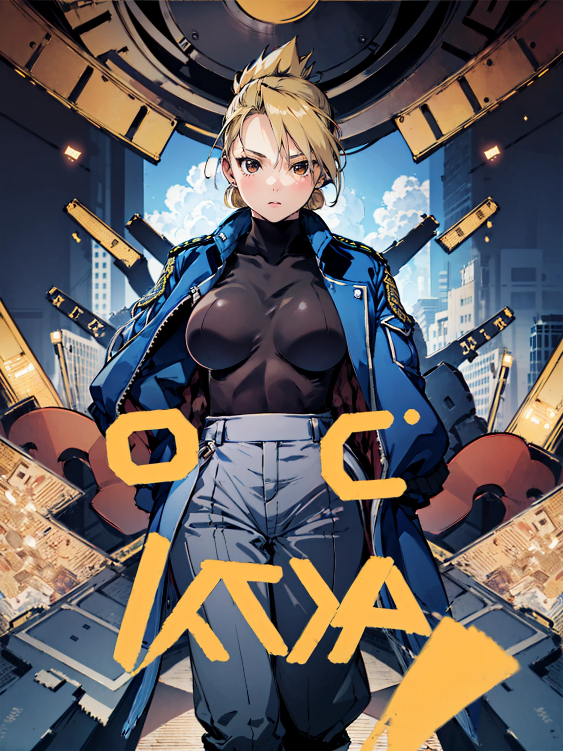 masterpiece, Highest quality, High resolution, One girl, (Blue jacketの下にBlack innerwearを着ている), Folded ponytail, Brown eyes, , uniform, Blue jacket, Blue pants, ,Big Breasts, Black innerwear, (