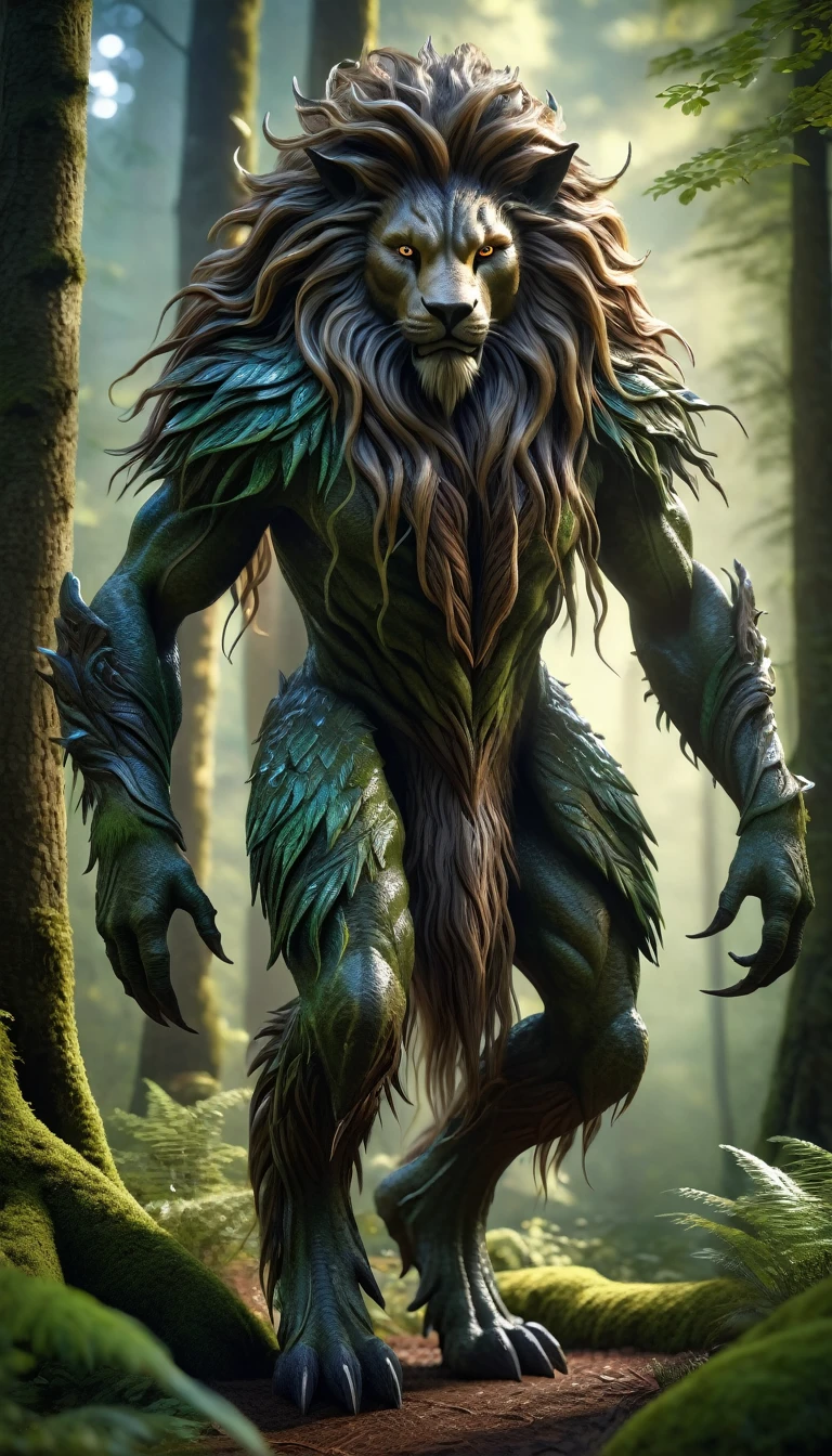 There is a creature in the forest，It looks like a human with a full mane（best quality，4K，8K，High level，masterpiece：1.2），Ultra Detailed，（lifelike，Photo real，Photo real：1.37），highly detailed creature，Complex patterns，Realistic lighting，Fantasy Creatures