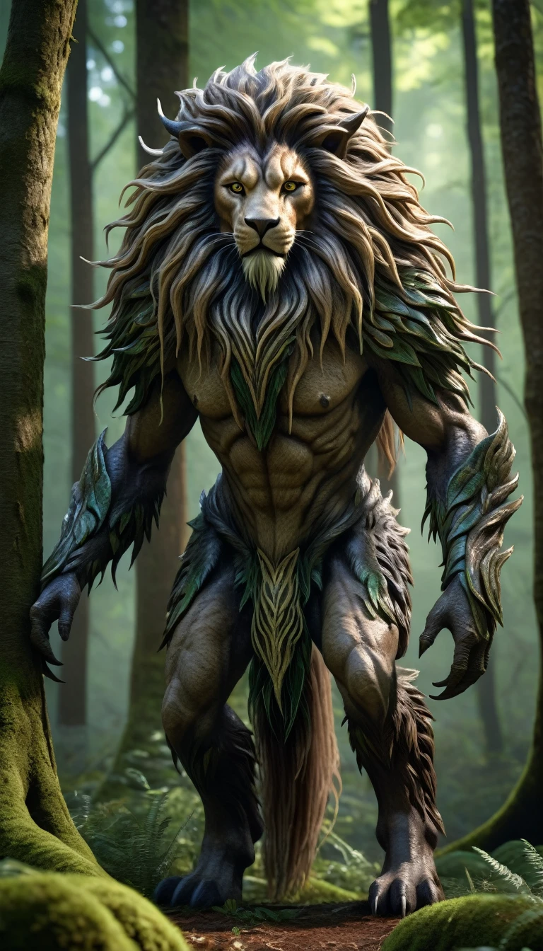 There is a creature in the forest，It looks like a human with a full mane（best quality，4K，8K，High level，masterpiece：1.2），Ultra Detailed，（lifelike，Photo real，Photo real：1.37），highly detailed creature，Complex patterns，Realistic lighting，Fantasy Creatures