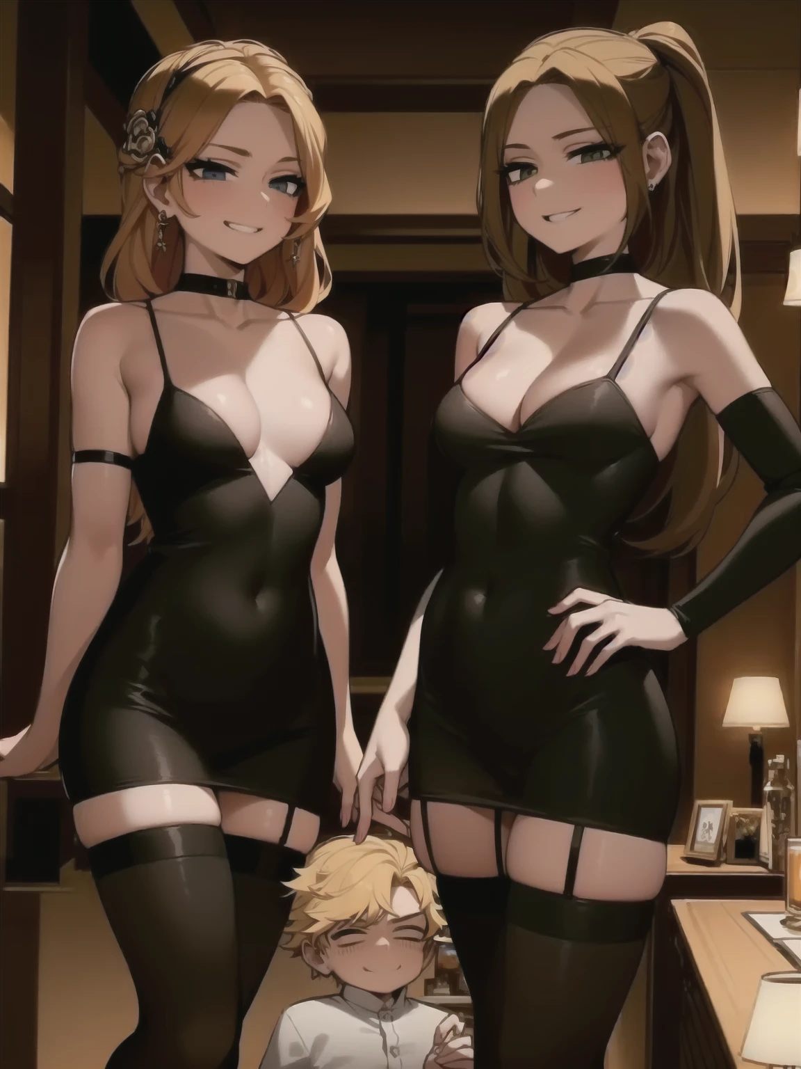 two sexy women looking down at  boy with blonde hair, seductive smiles, portrait, women have curly auburn hair