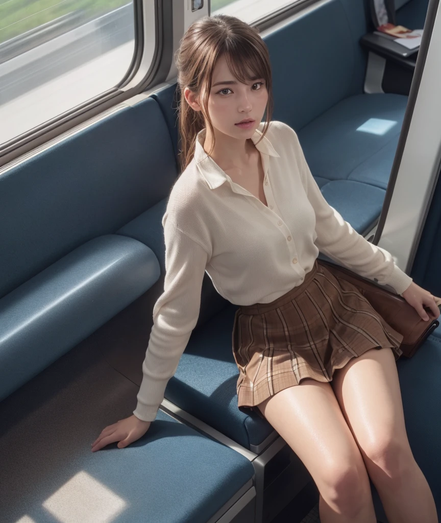 (Masterpiece, High Definition, Ultra High Definition, 4K) Brown hair, even skirt, emphasizing thighs, white thighs, soft thighs, shiny thighs, sitting on the train, face-to-face angle, (bottom angle), sitting on the train seat, sitting in front, camera zoom in the groin, feet on the train floor, whole body, looking down and sleepy, looking only at the viewer,"  best quality, ultra high definition, (photorealistic: 1.4),, high resolution, detail, raw photo, sharp re, nikon d850 film stock photo by Lee Jefferies 4 kodak portra 400 camera f1.6 lens rich colors hyper realistic animated textures dramatic lighting unreal engine artstation cinestir 800 trends,