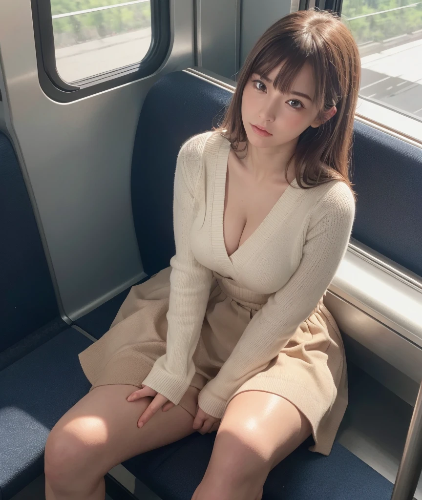 (Masterpiece, High Definition, Ultra High Definition, 4K) Brown hair, even skirt, emphasizing thighs, white thighs, soft thighs, shiny thighs, sitting on the train, face-to-face angle, (bottom angle), sitting on the train seat, sitting in front, camera zoom in the groin, feet on the train floor, whole body, looking down and sleepy, looking only at the viewer," best quality, ultra high definition, (photorealistic: 1.4),, high resolution, detail, raw photo, sharp re, nikon d850 film stock photo by Lee Jefferies 4 kodak portra 400 camera f1.6 lens rich colors hyper realistic animated textures dramatic lighting unreal engine artstation cinestir 800 trends,