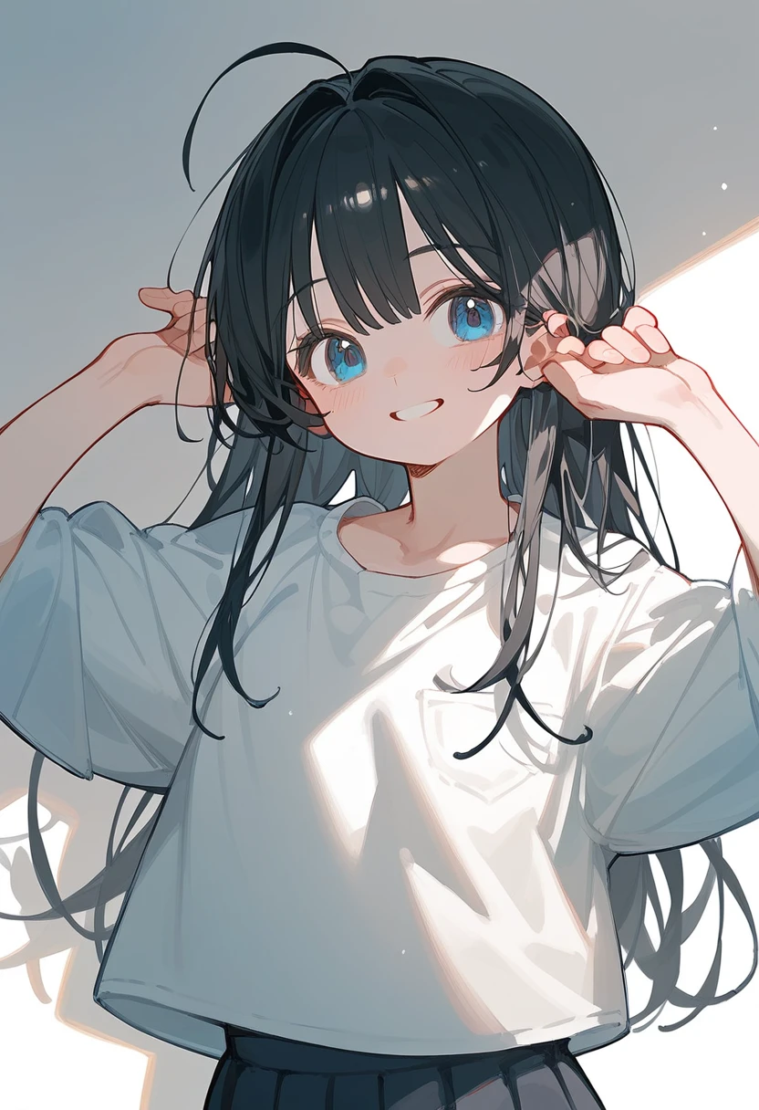 One Girl、Black Hair、Long Hair、Straight Hair、high school student、smile、Dark blue eyes、Big eyes、shirt、Background School